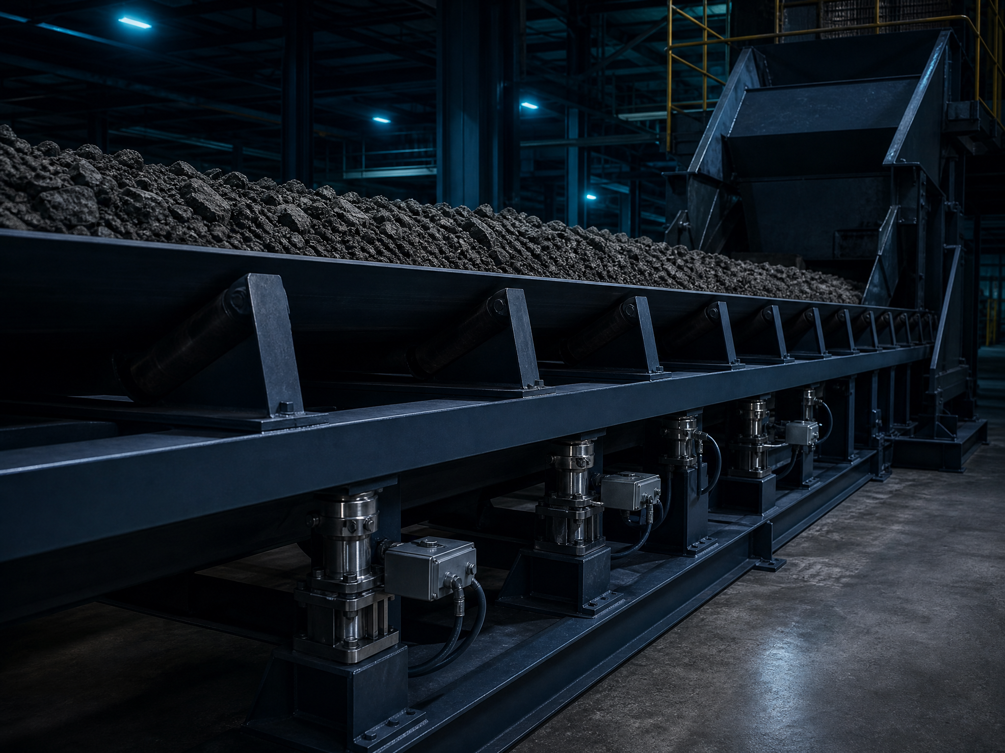 Industrial weigh belt feeder system in operation at a processing plant